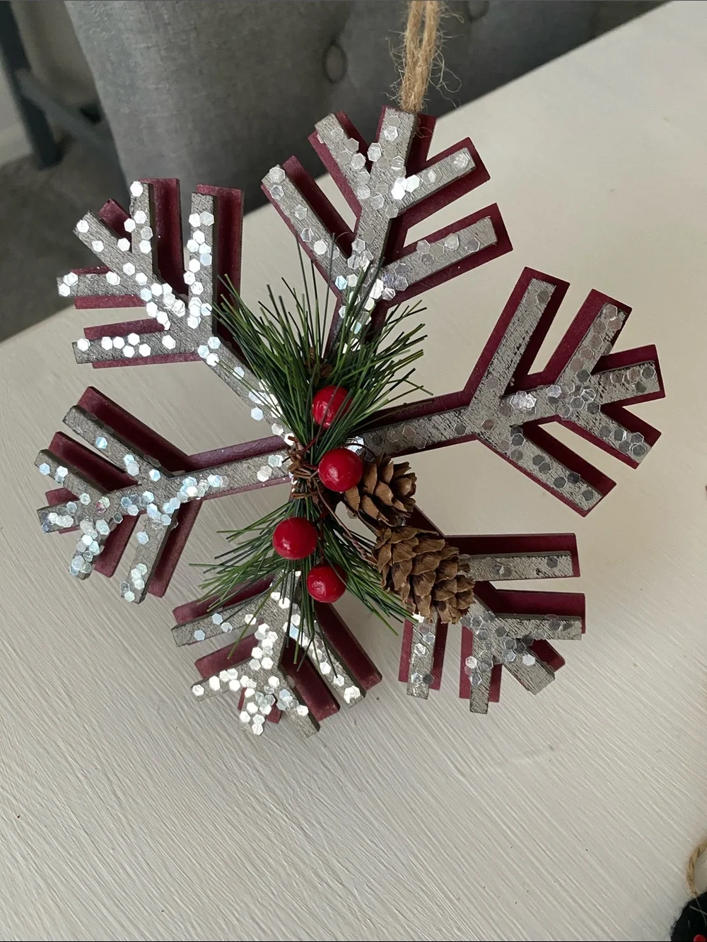 Farmhouse Rustic Christmas Ornaments Snowflake Red Metal Star & Burlap Snowman